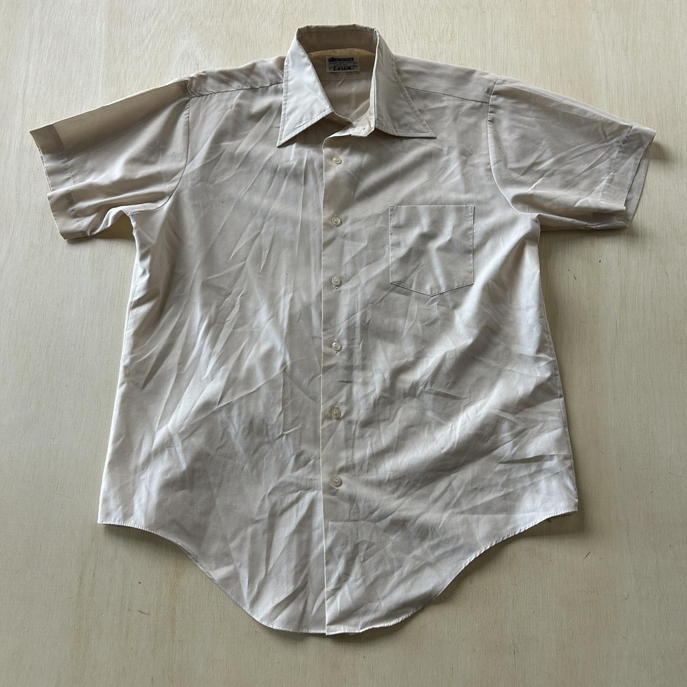 Vintage 70s Permanent Press Dress Shirt Mens 15.5 Beige Short Sleeve USA